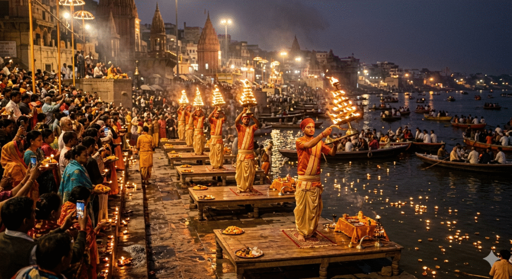 Varanasi Ganga Aarti experience — Dashashwamedh Ghat priests fire ceremony