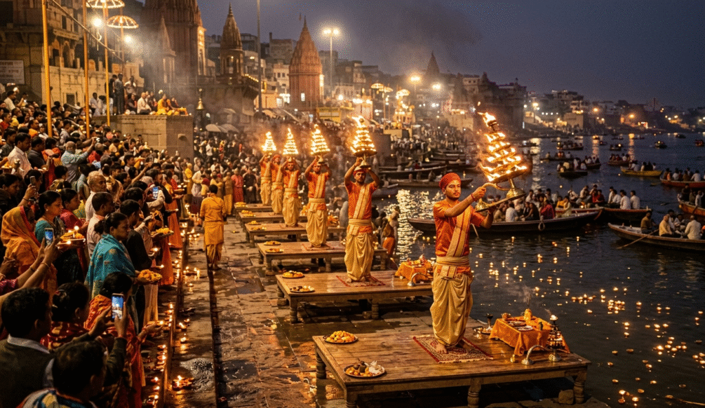 Varanasi Ganga Aarti experience — Dashashwamedh Ghat priests fire ceremony