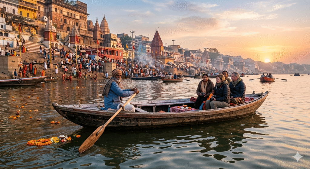 Varanasi Ganga Aarti experience — Dashashwamedh Ghat priests fire ceremony