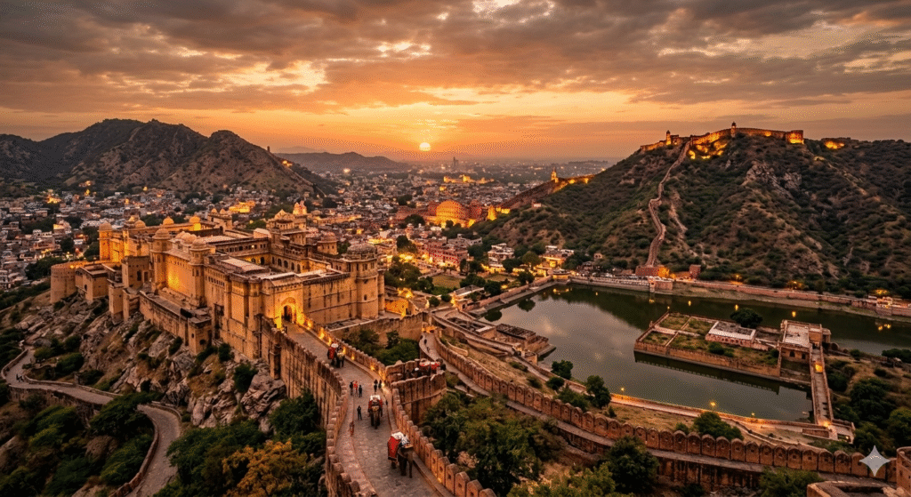 amber fort jaipur sunset aerial view rajasthan tourism