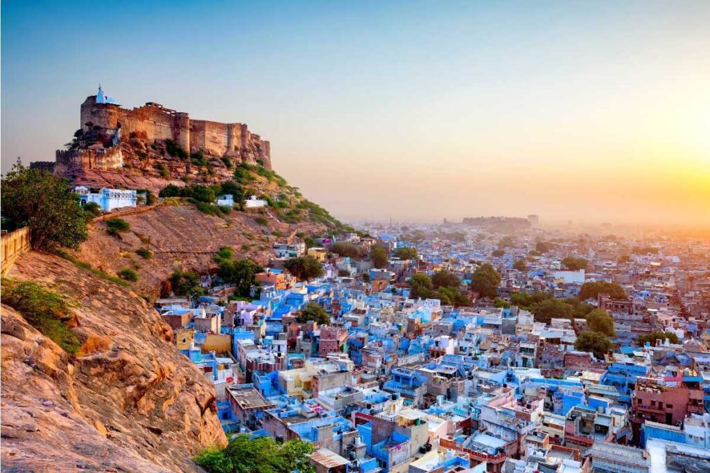 Jodhpur Blue City sunrise — Mehrangarh Fort Rajasthan India dawn indigo