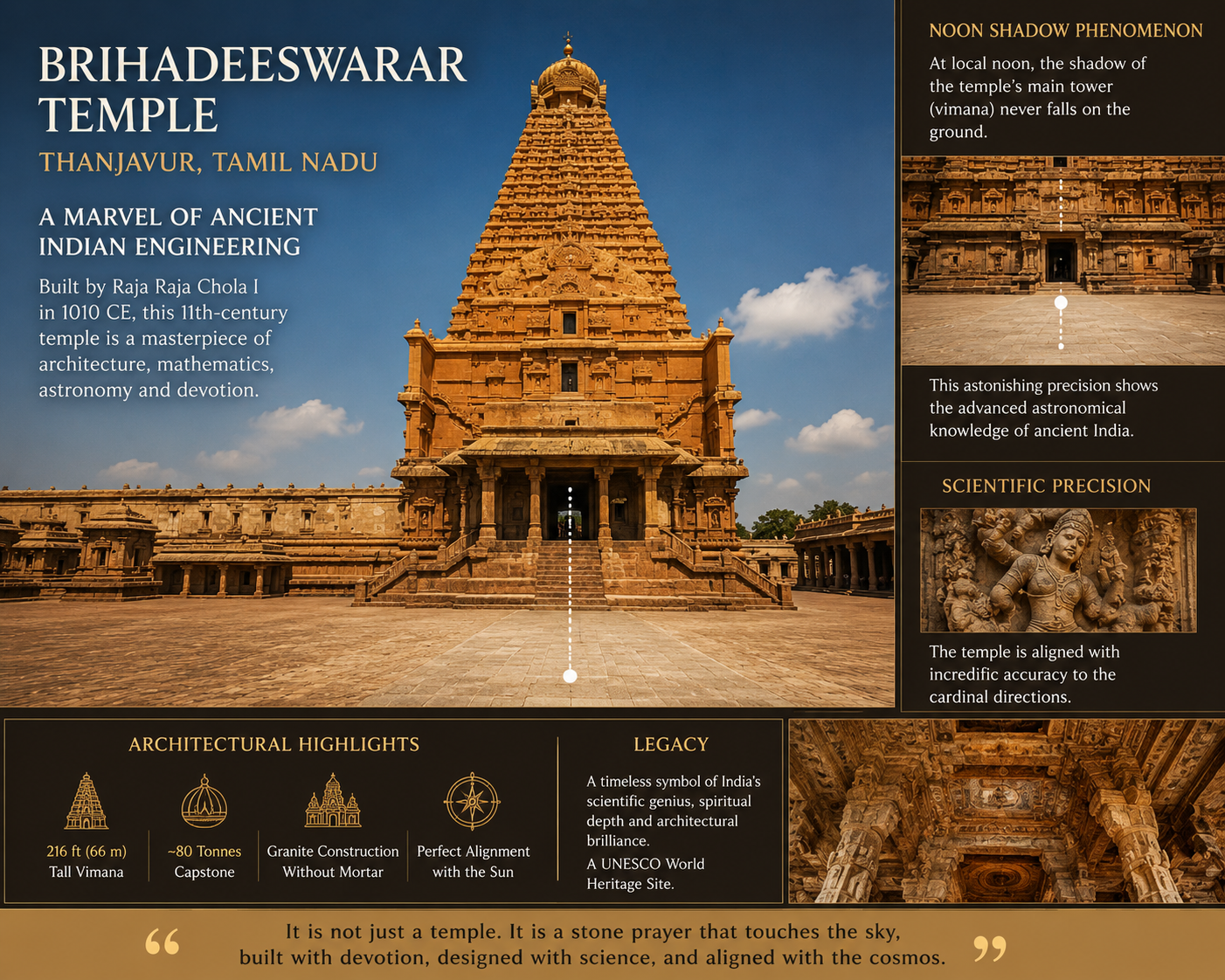 Brihadeeswarar Temple in Thanjavur — an 11th-century temple whose shadow never falls on the ground at noon, demonstrating ancient Indian astronomical and architectural precision