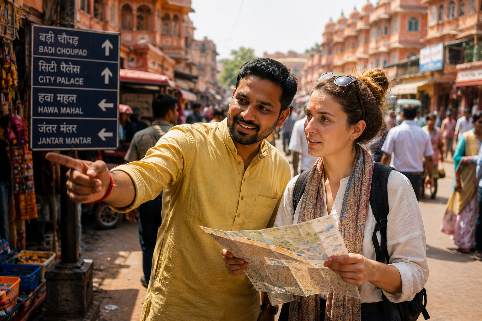 Indian hospitality — locals guiding foreign tourists through Jaipur's vibrant streets, showing India is safe and welcoming
