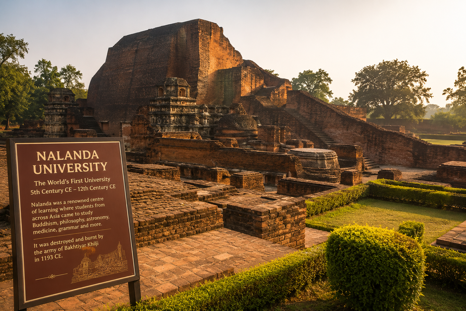 Nalanda University ruins in Bihar, India — the world's first university, burned by Bakhtiyar Khilji in 1193 CE
