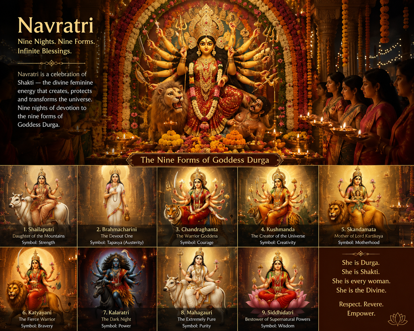 Navratri festival in India — nine nights of worshipping the nine forms of Goddess Durga, showing India's reverence for women as divine