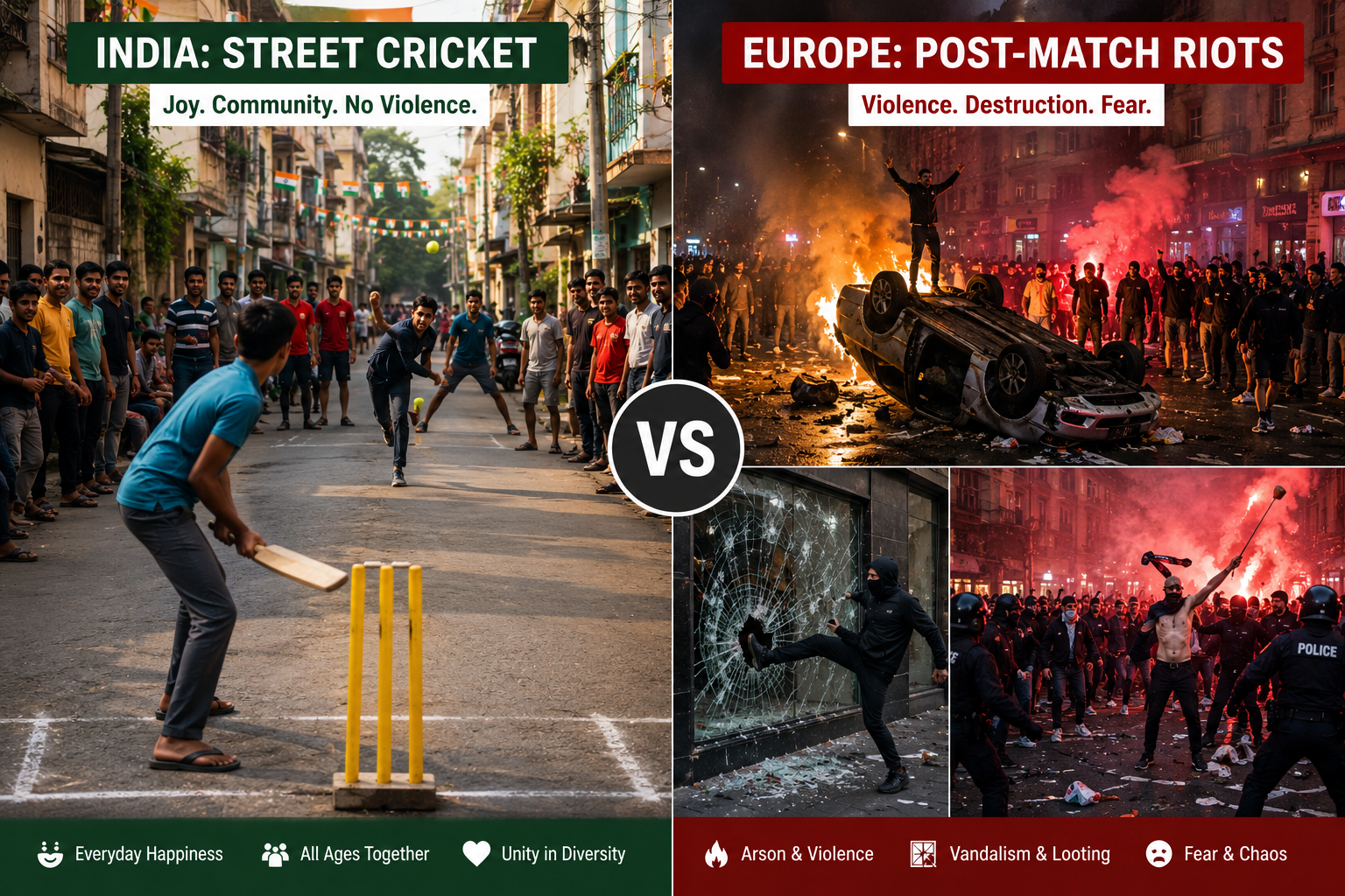 Street cricket celebrations in India compared to post-match riots in Western cities — context matters when asking is India safe