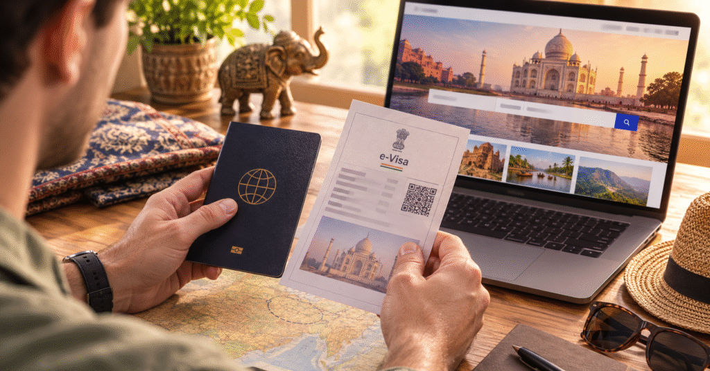 India visa guide for US citizens 2026 — passport and e-Visa application document